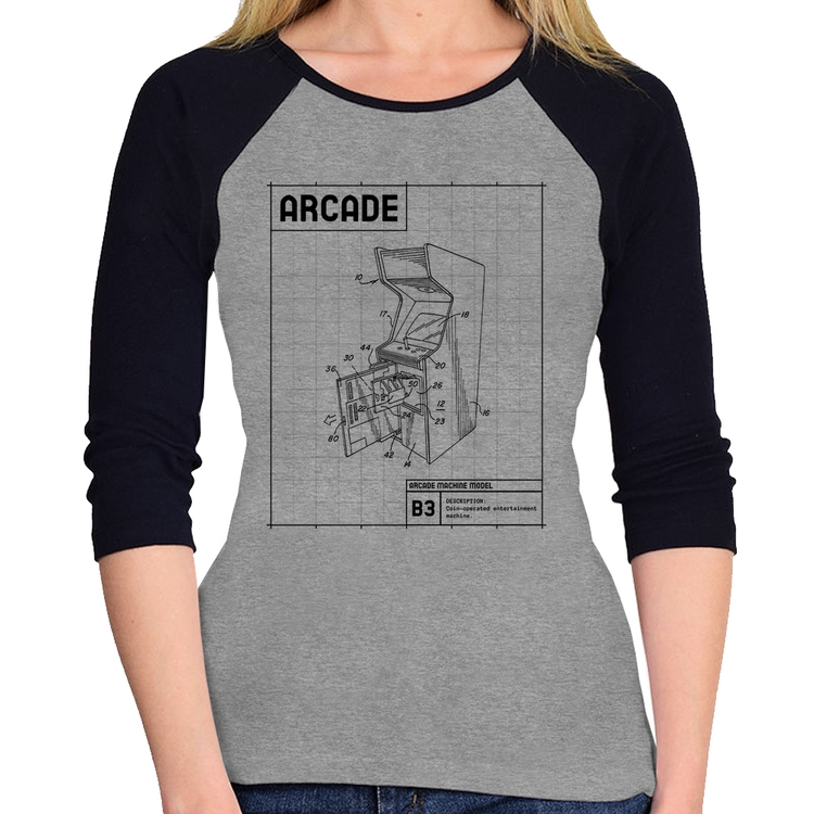 Baby Look Raglan Arcade Fliperama Projeto Manga 3/4 - Cinza/Preto