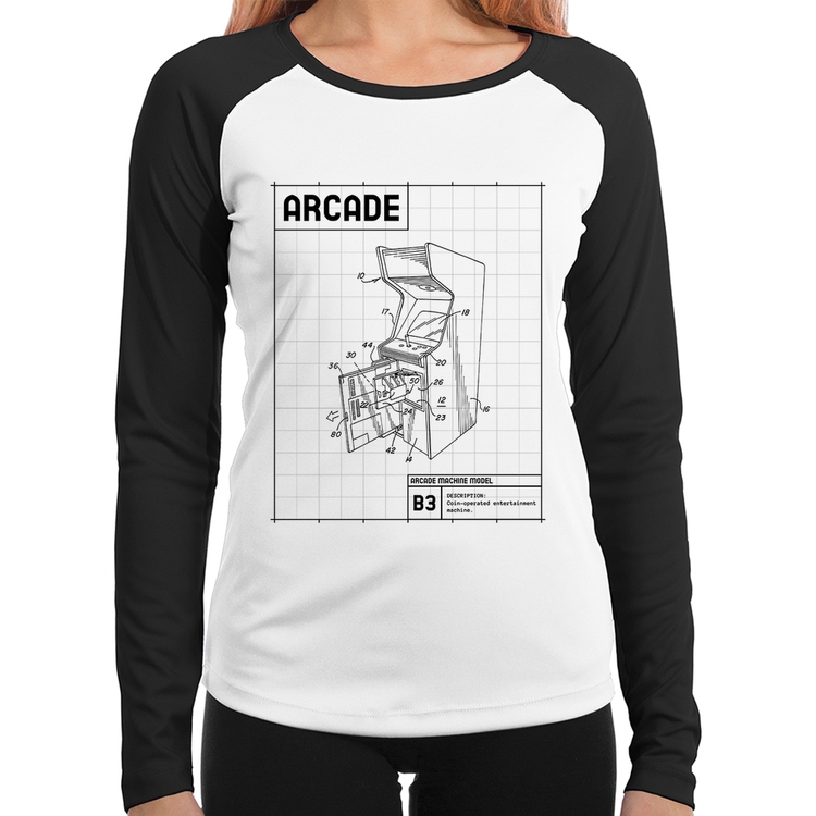 Baby Look Raglan Arcade Fliperama Projeto Manga Longa