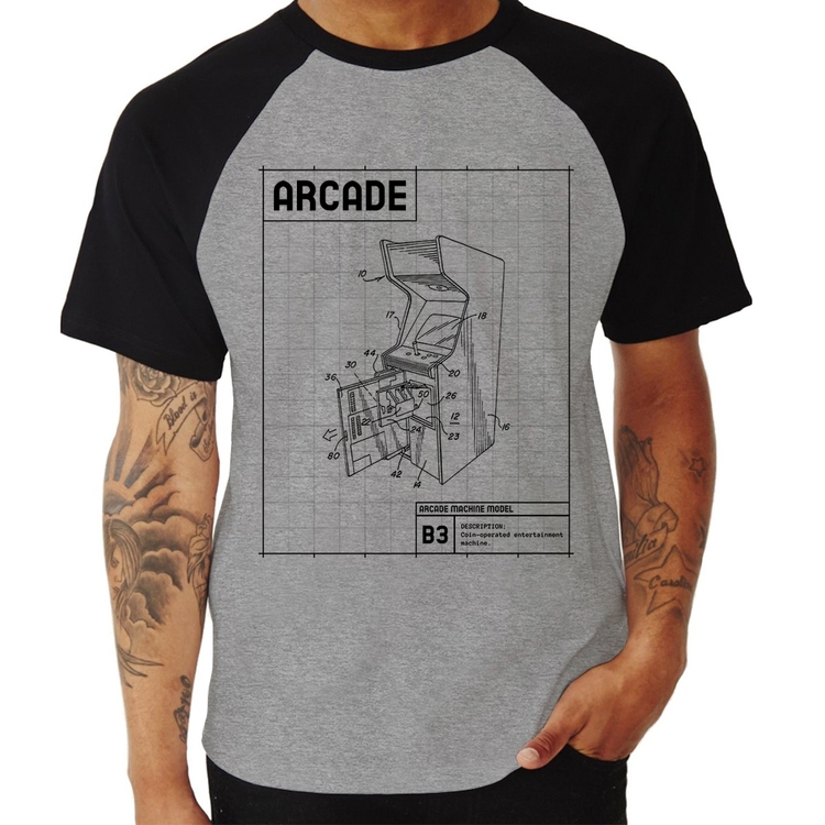 Camiseta Raglan Arcade Fliperama Projeto - Cinza/Preto