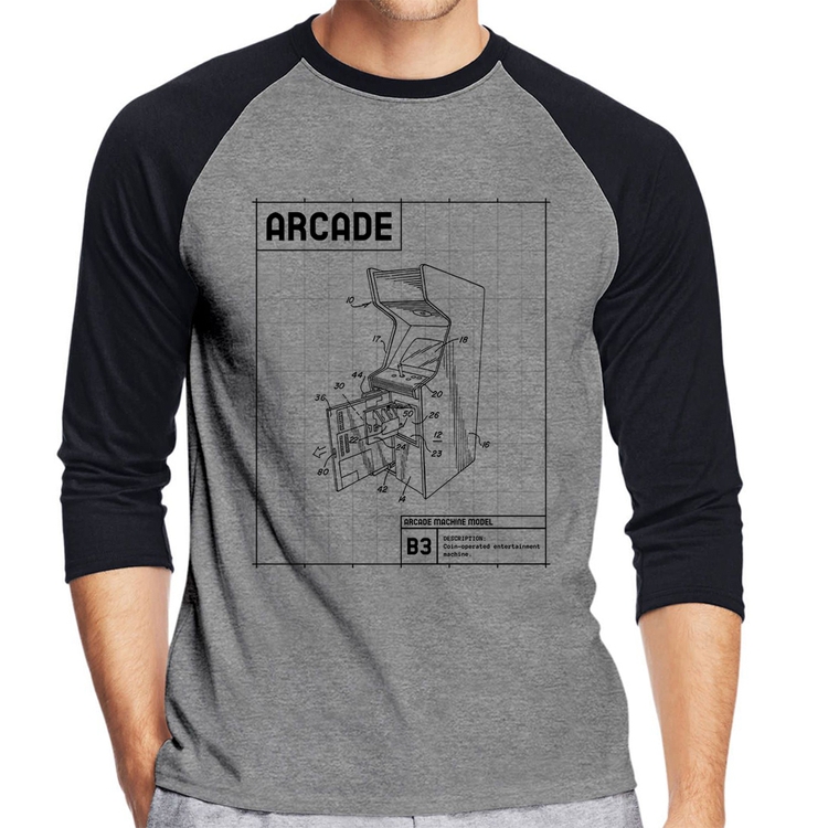 Camiseta Raglan Arcade Fliperama Projeto Manga 3/4 - Cinza/Preto