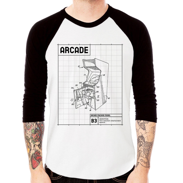 Camiseta Raglan Arcade Fliperama Projeto Manga 3/4