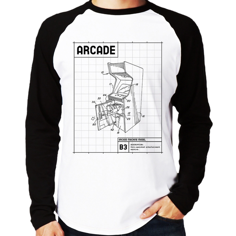 Camiseta Raglan Arcade Fliperama Projeto Manga Longa