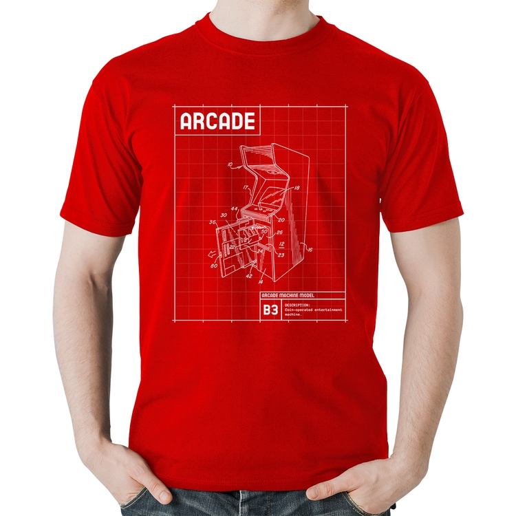 Camiseta Algodão Arcade Fliperama Projeto - Vermelha