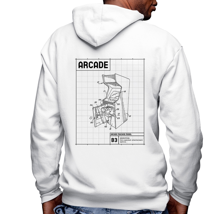 Blusa Moletom Arcade Fliperama Projeto Masculina com Capuz e Zíper - Branca