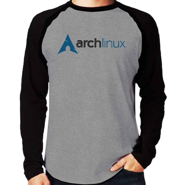 Camiseta Raglan Arch Linux Logo Manga Longa - Cinza/Preto