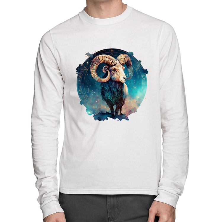 Camiseta Algodão Áries Sígno Manga Longa - Branca