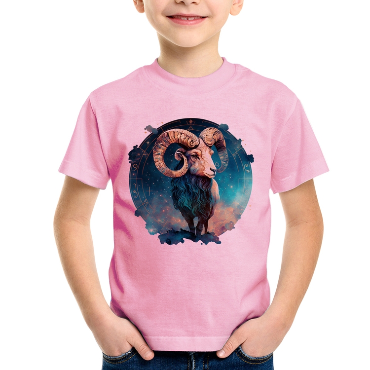 Camiseta Infantil Áries Sígno - Rosa Bebê