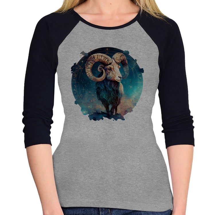 Baby Look Raglan Áries Sígno Manga 3/4 - Cinza/Preto