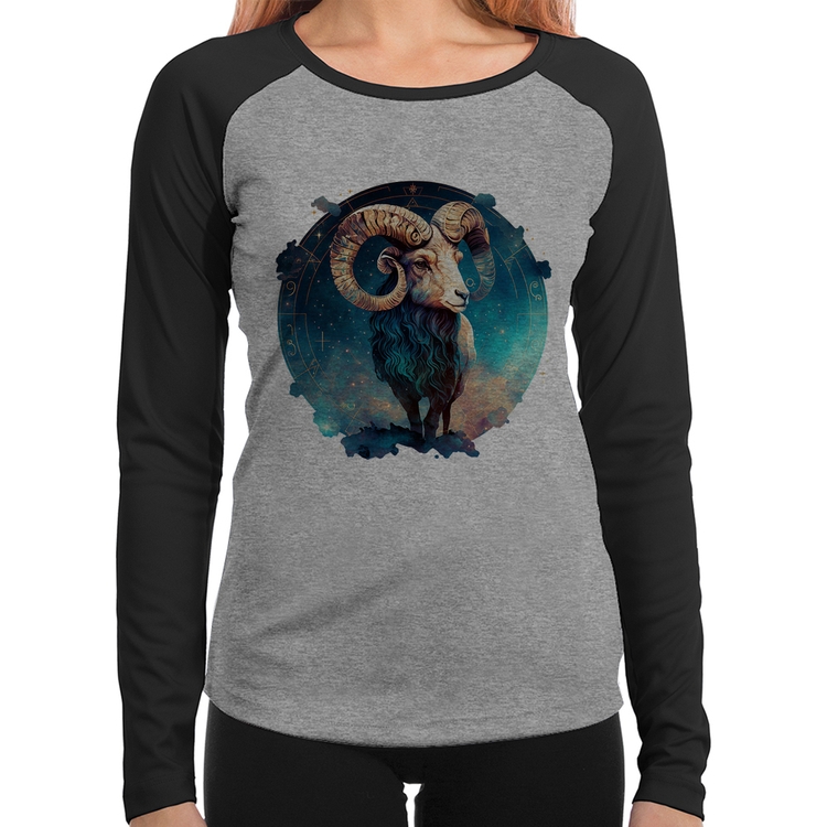 Baby Look Raglan Áries Sígno Manga Longa - Cinza/Preto