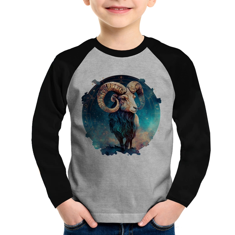 Camiseta Raglan Infantil Áries Sígno Manga Longa - Cinza/Preto