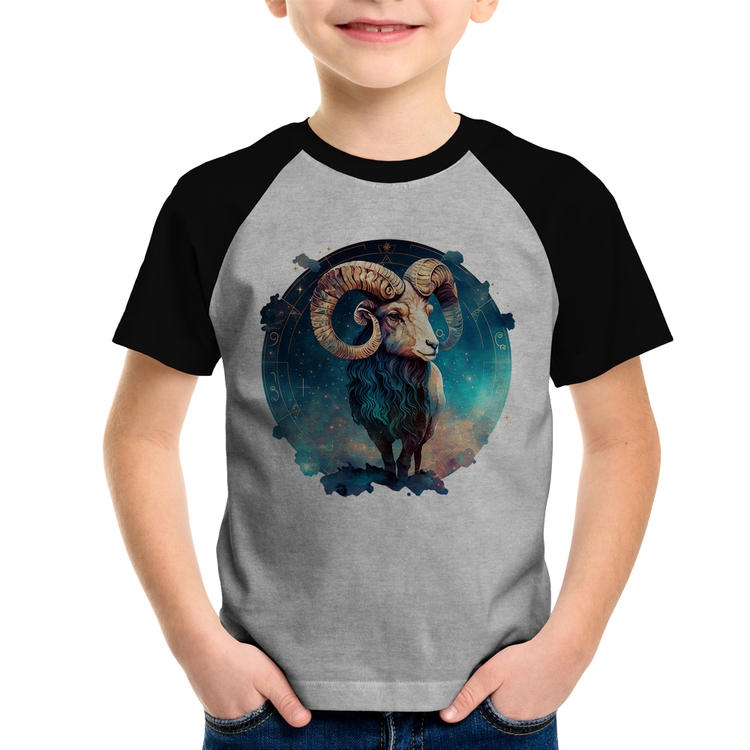 Camiseta Raglan Infantil Áries Sígno - Cinza/Preto