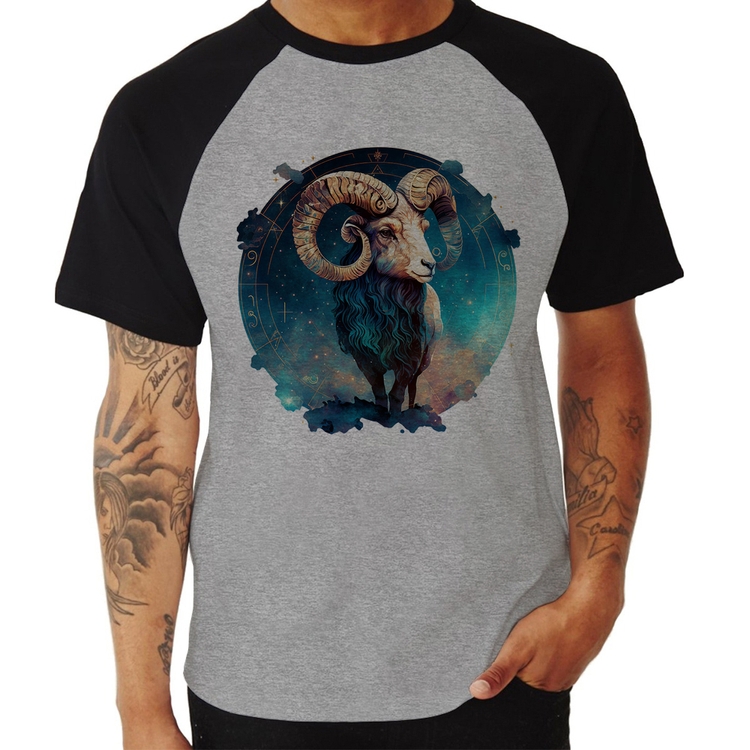 Camiseta Raglan Áries Sígno - Cinza/Preto
