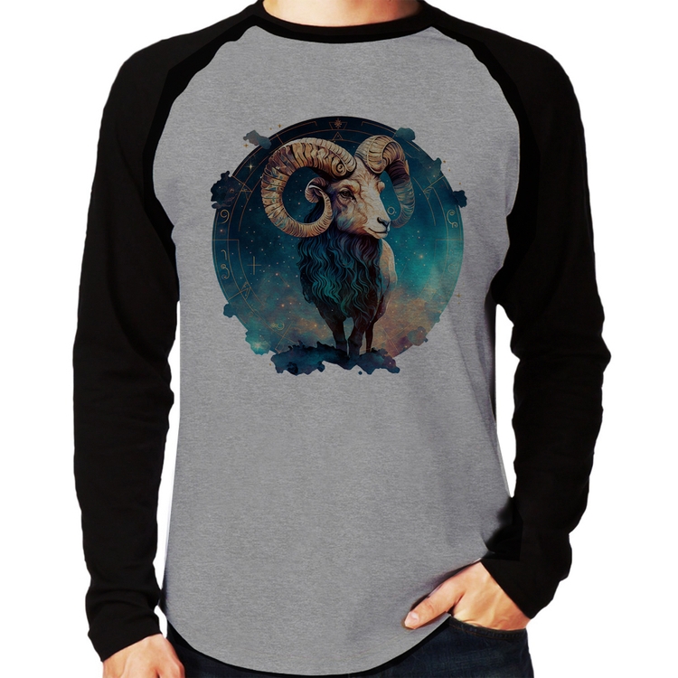 Camiseta Raglan Áries Sígno Manga Longa - Cinza/Preto