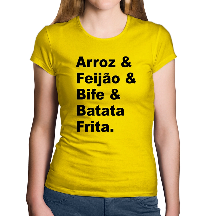 Baby Look Algodão Arroz & Feijão & Bife & Batata Frita - Amarela