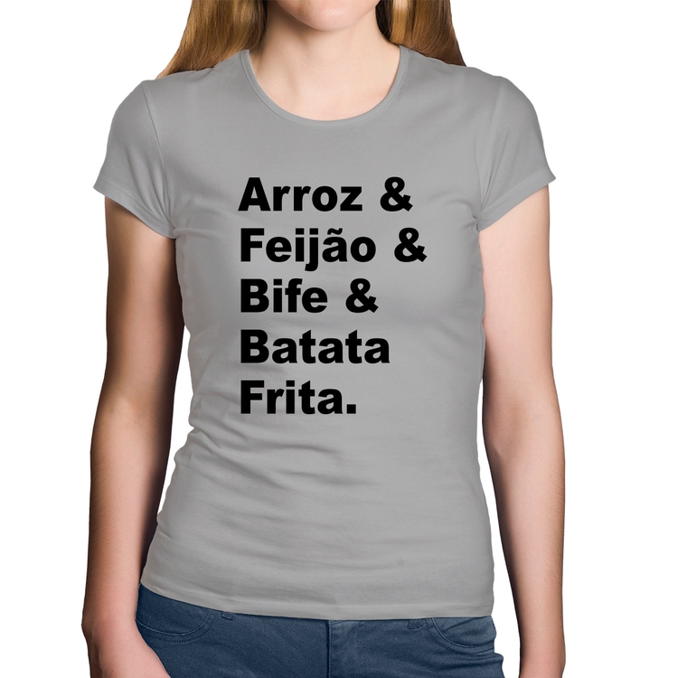 Baby Look Algodão Arroz & Feijão & Bife & Batata Frita - Cinza