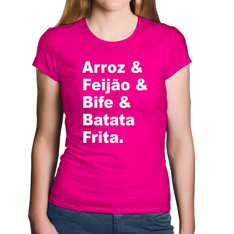 Baby Look Algodão Arroz & Feijão & Bife & Batata Frita - Rosa