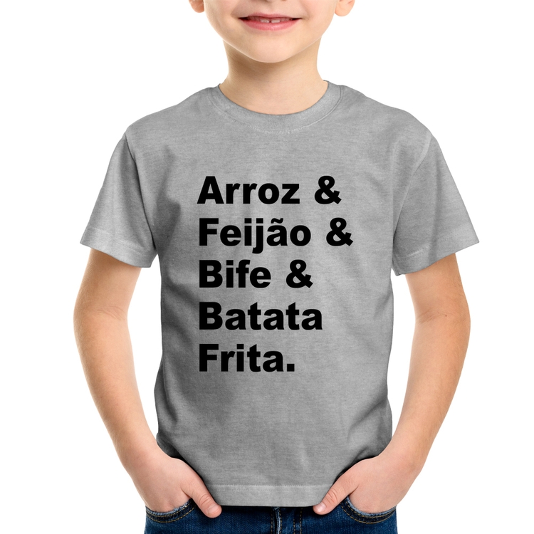 Camiseta Infantil Arroz & Feijão & Bife & Batata Frita - Cinza