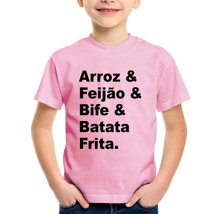 Camiseta Infantil Arroz & Feijão & Bife & Batata Frita - Rosa Bebê
