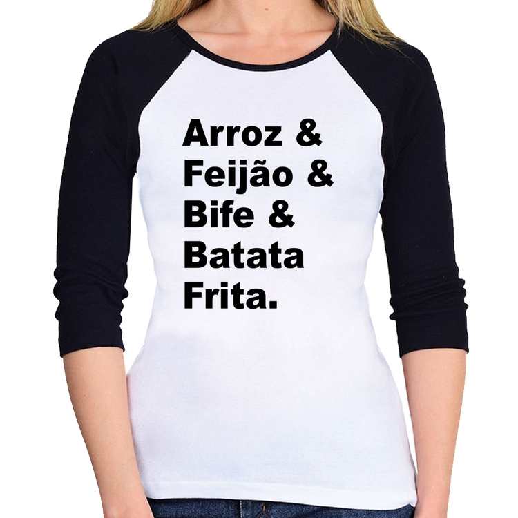 Baby Look Raglan Arroz & Feijão & Bife & Batata Frita Manga 3/4