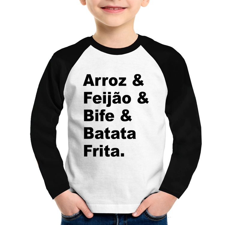 Camiseta Raglan Infantil Arroz & Feijão & Bife & Batata Frita Manga Longa