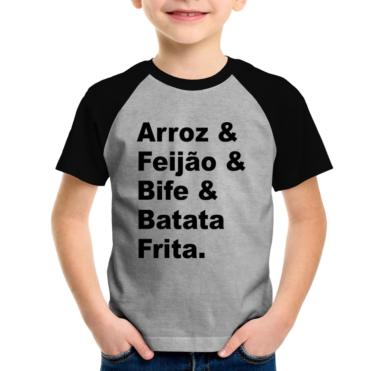 Camiseta Raglan Infantil Arroz & Feijão & Bife & Batata Frita - Cinza/Preto