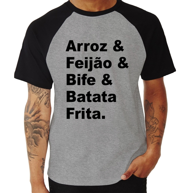 Camiseta Raglan Arroz & Feijão & Bife & Batata Frita - Cinza/Preto