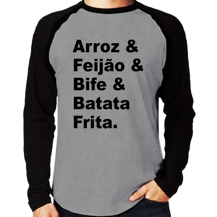 Camiseta Raglan Arroz & Feijão & Bife & Batata Frita Manga Longa - Cinza/Preto