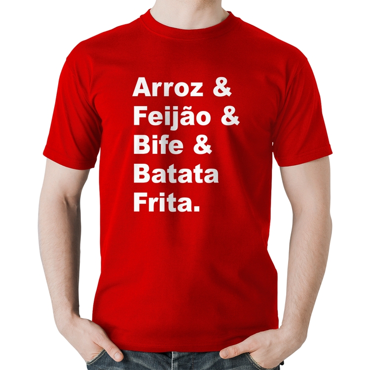 Camiseta Algodão Arroz & Feijão & Bife & Batata Frita - Vermelha
