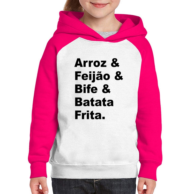 Moletom Infantil Arroz & Feijão & Bife & Batata Frita - Branco/Rosa