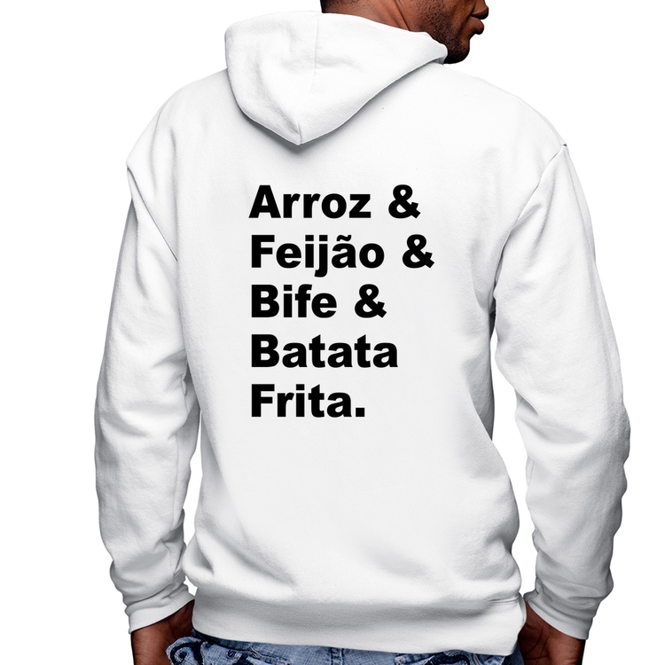 Blusa Moletom Arroz & Feijão & Bife & Batata Frita Masculina com Capuz e Zíper - Branca