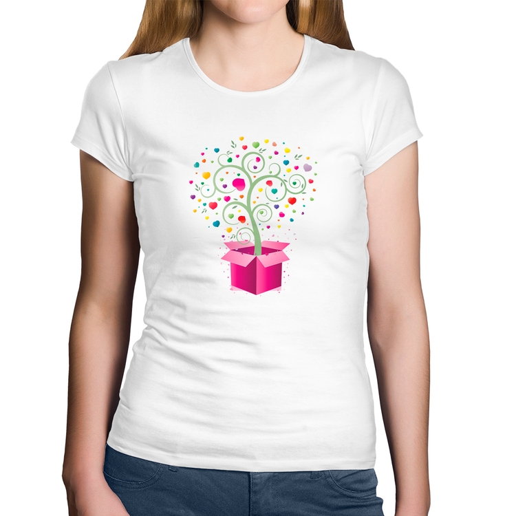 Baby Look Algodão Árvore Corações Caixa - Branca