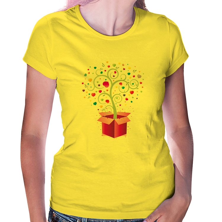 Baby Look Árvore Corações Caixa - Amarela