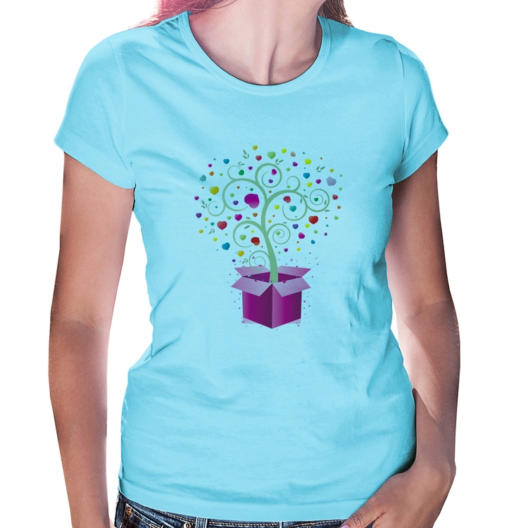 Baby Look Árvore Corações Caixa - Azul Bebê