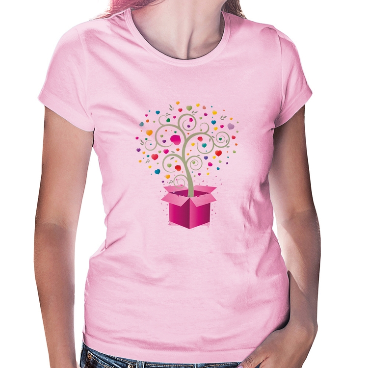 Baby Look Árvore Corações Caixa - Rosa Bebê