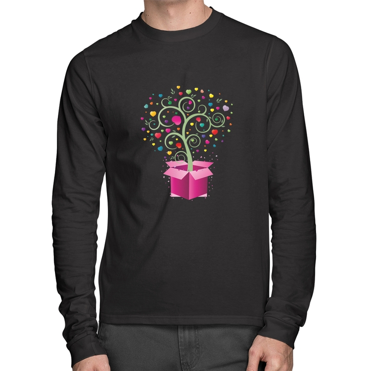 Camiseta Algodão Árvore Corações Caixa Manga Longa