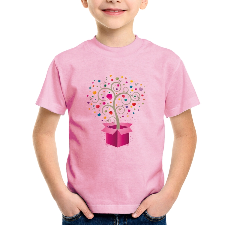 Camiseta Infantil Árvore Corações Caixa - Rosa Bebê