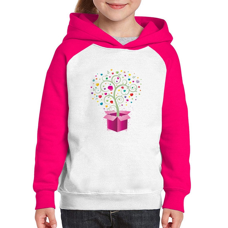 Moletom Infantil Árvore Corações Caixa - Branco/Rosa