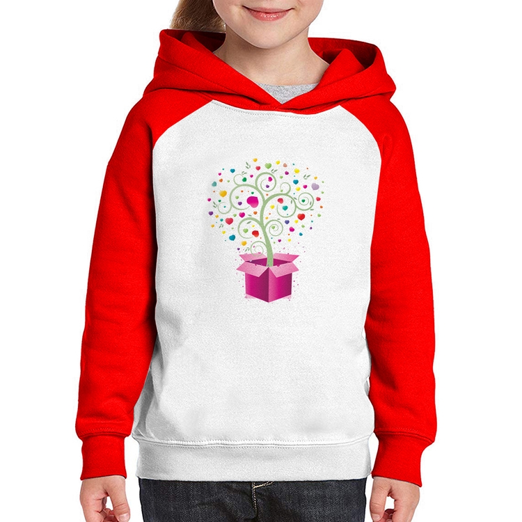 Moletom Infantil Árvore Corações Caixa - Branco/Vermelho