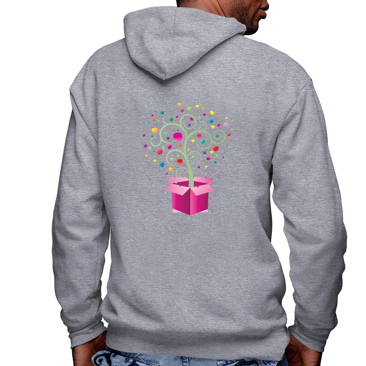 Blusa Moletom Árvore Corações Caixa Masculina com Capuz e Zíper - Mescla