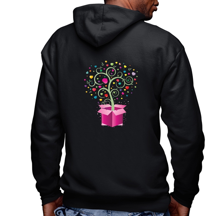 Blusa Moletom Árvore Corações Caixa Masculina com Capuz e Zíper