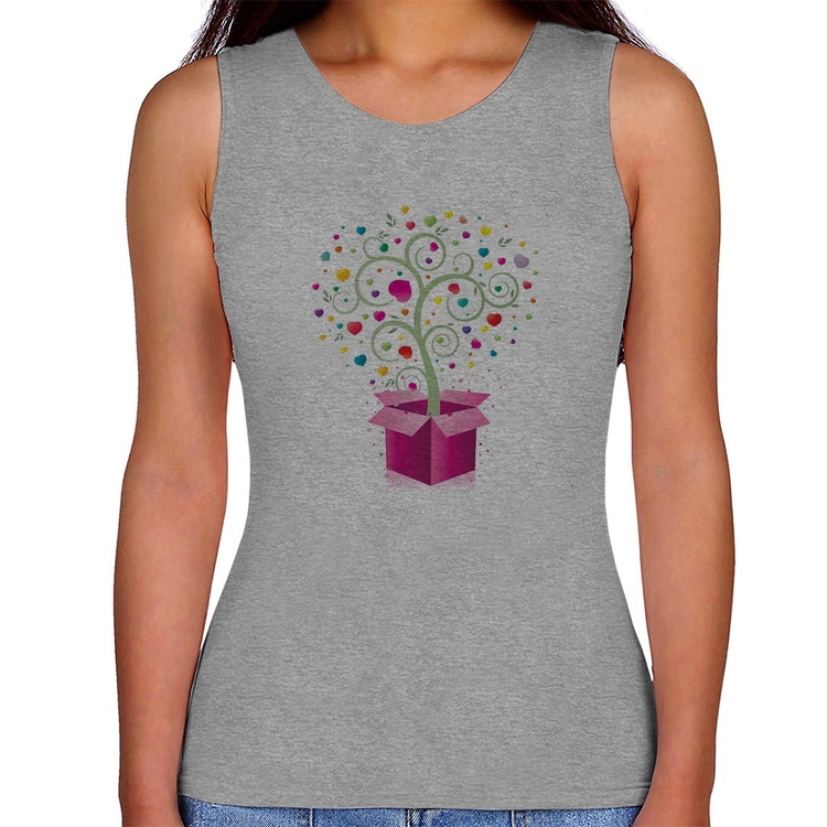 Regata Feminina Árvore Corações Caixa - Cinza