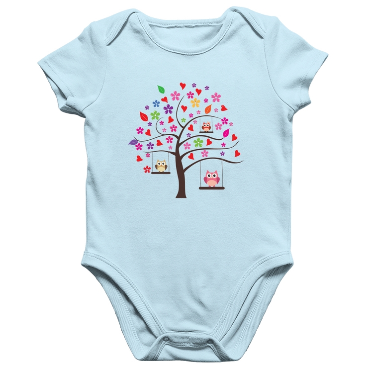 Body Bebê Algodão Árvore Corujas - Azul Bebê