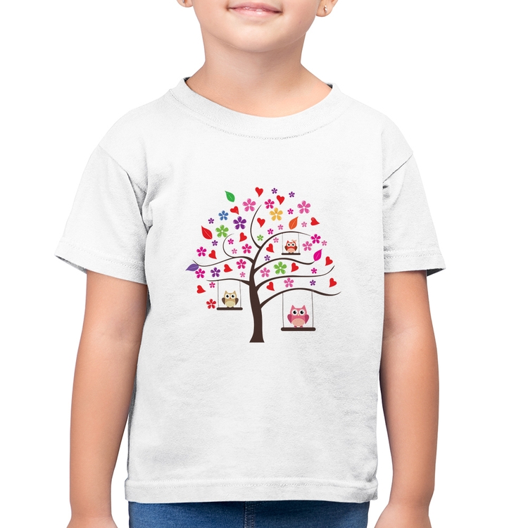 Camiseta Algodão Infantil Árvore Corujas - Branca