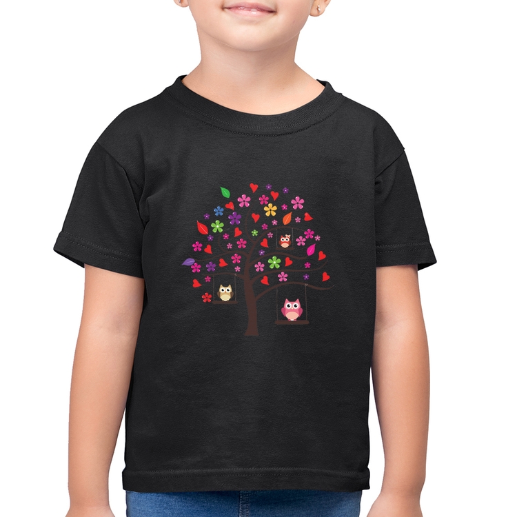 Camiseta Algodão Infantil Árvore Corujas