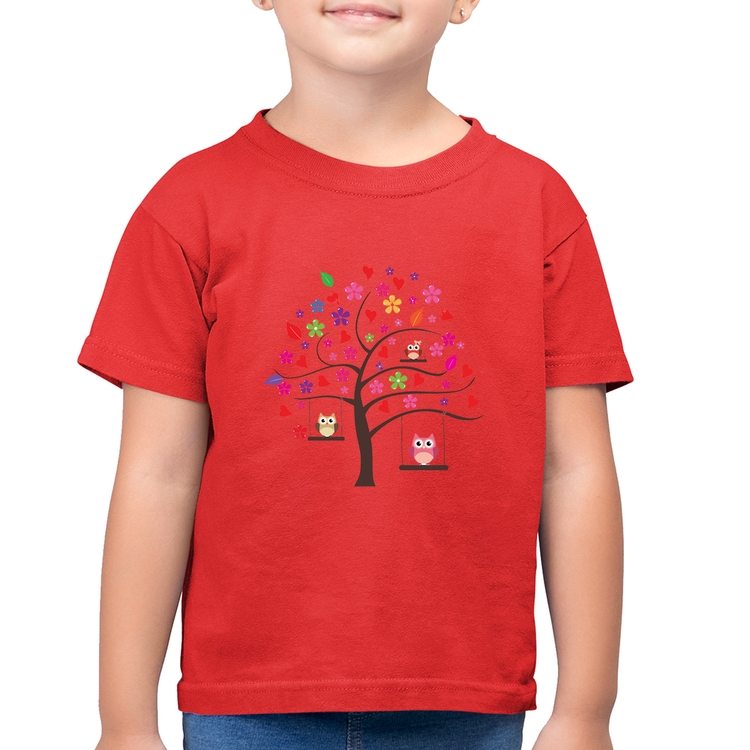 Camiseta Algodão Infantil Árvore Corujas - Vermelha