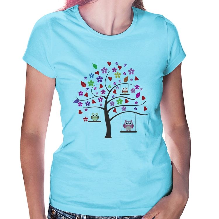 Baby Look Árvore Corujas - Azul Bebê