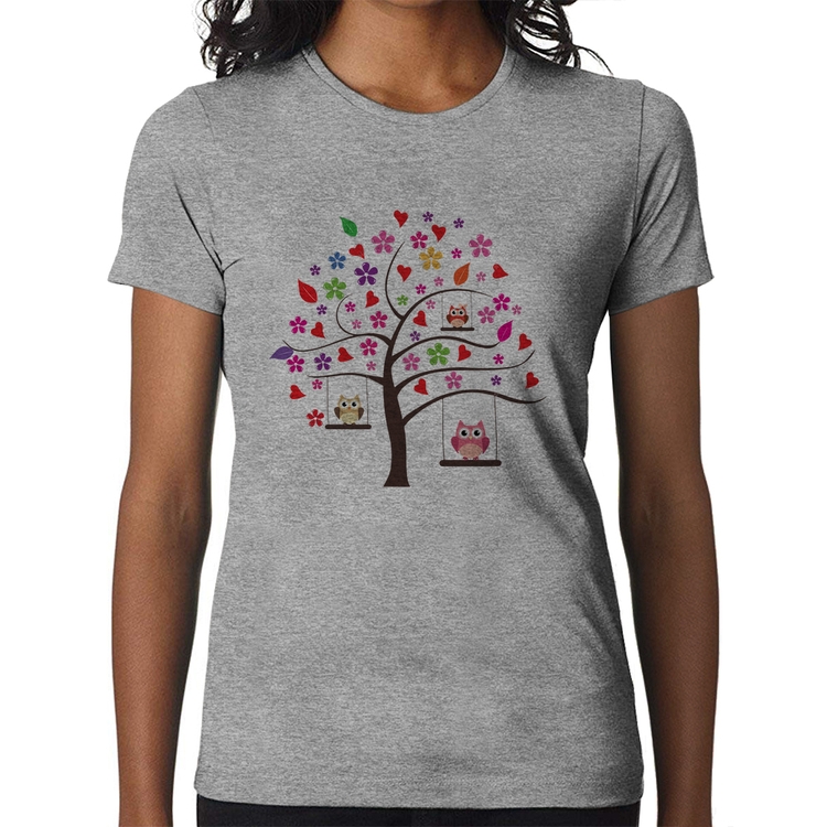 Baby Look Árvore Corujas - Cinza