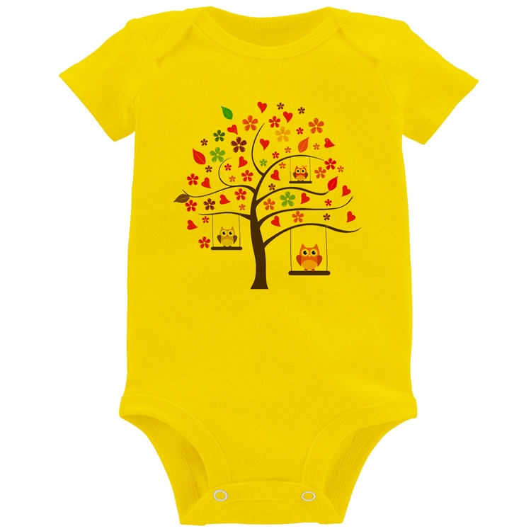 Body Bebê Árvore Corujas - Amarelo