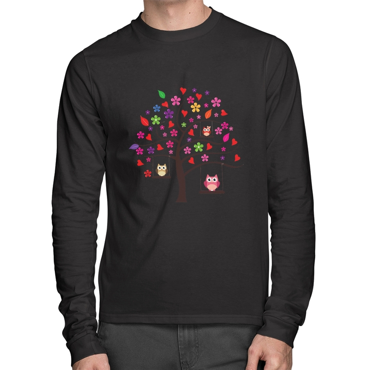 Camiseta Algodão Árvore Corujas Manga Longa