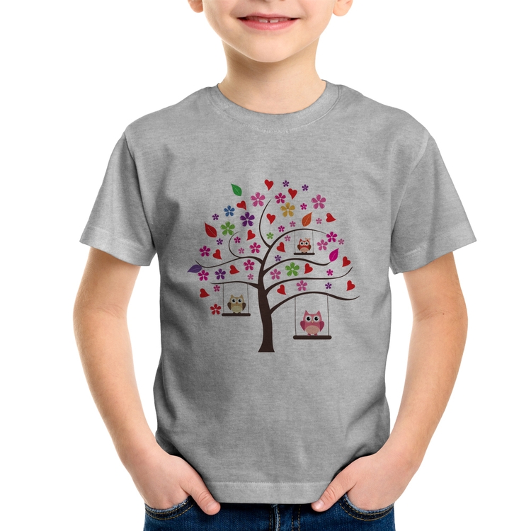 Camiseta Infantil Árvore Corujas - Cinza